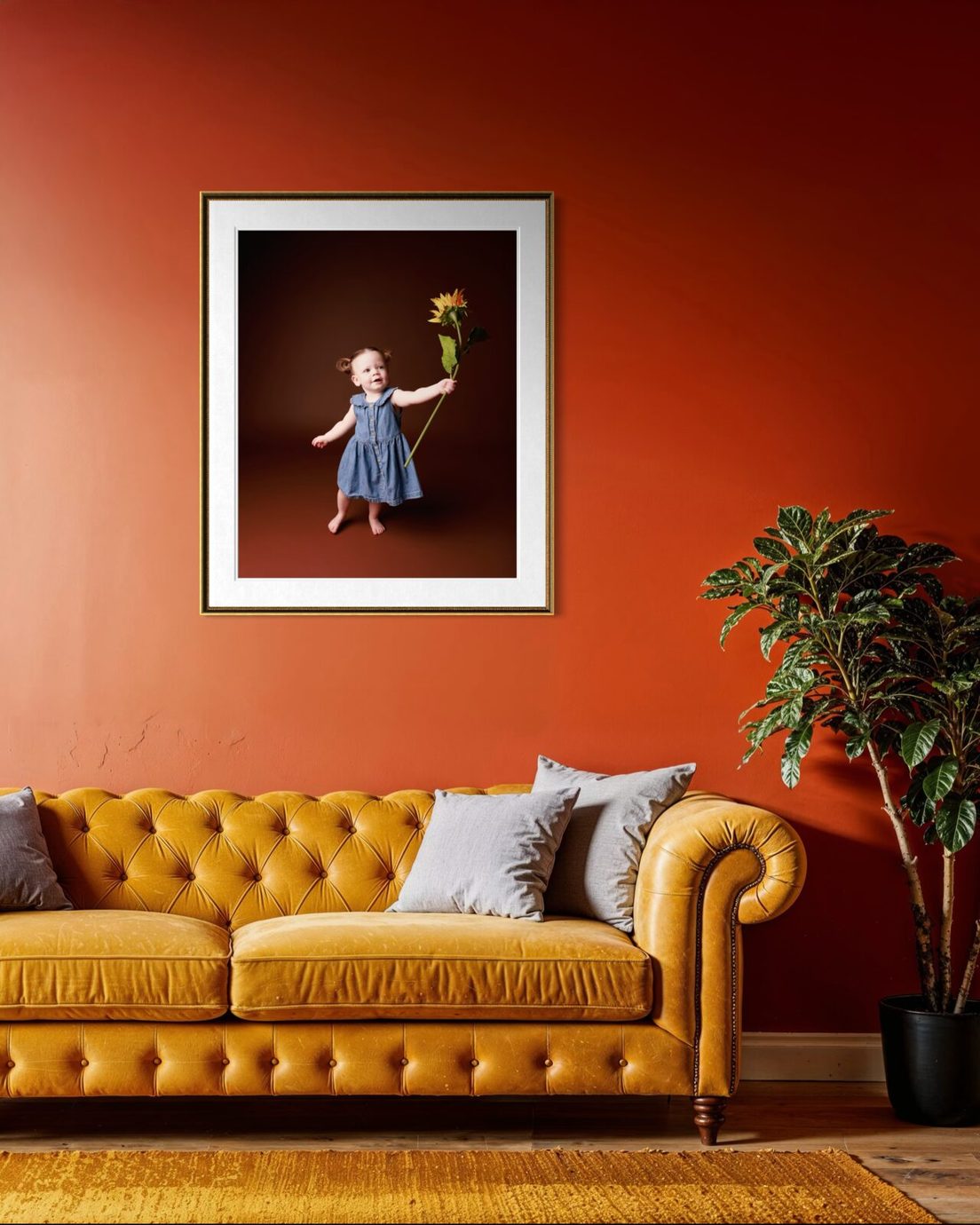 Framed portrait of a little girl above a velvet sofa